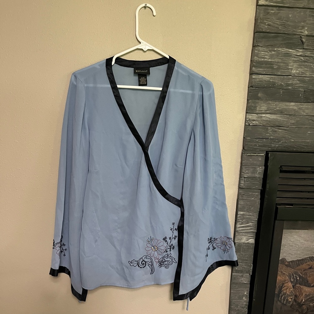 Lane Bryant Light Blue Floral Wrap Blouse with Black Trim